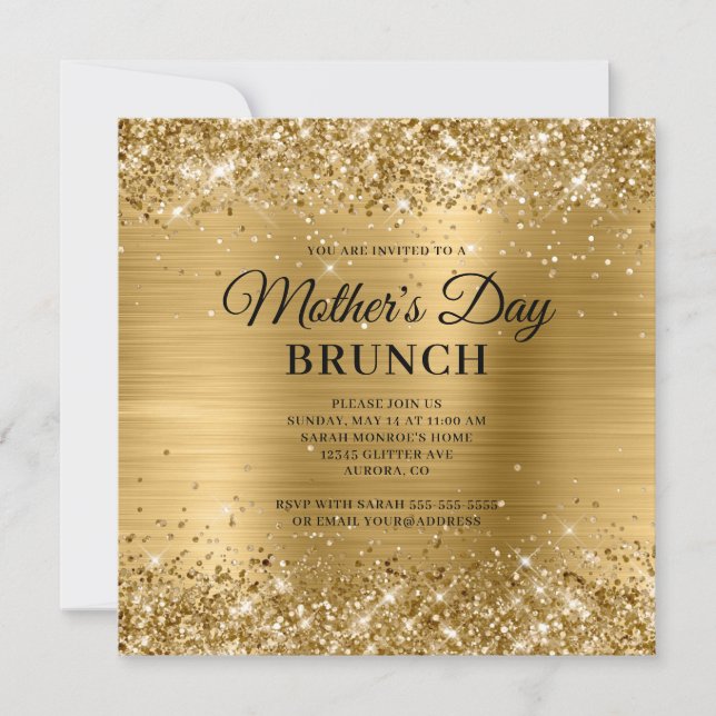 Convite Brunch do Dia das Mães com Brilho e Folha de Ouro (Frente)