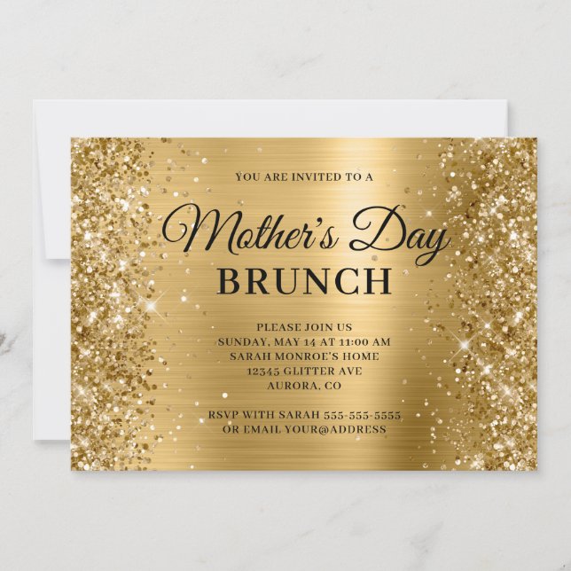 Convite Brunch do Dia das Mães com Brilho e Folha de Ouro (Frente)