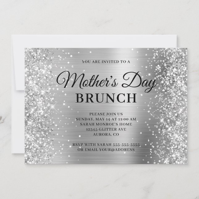 Convite Brunch do Dia das Mães com Brilho e Folha de Prata (Frente)