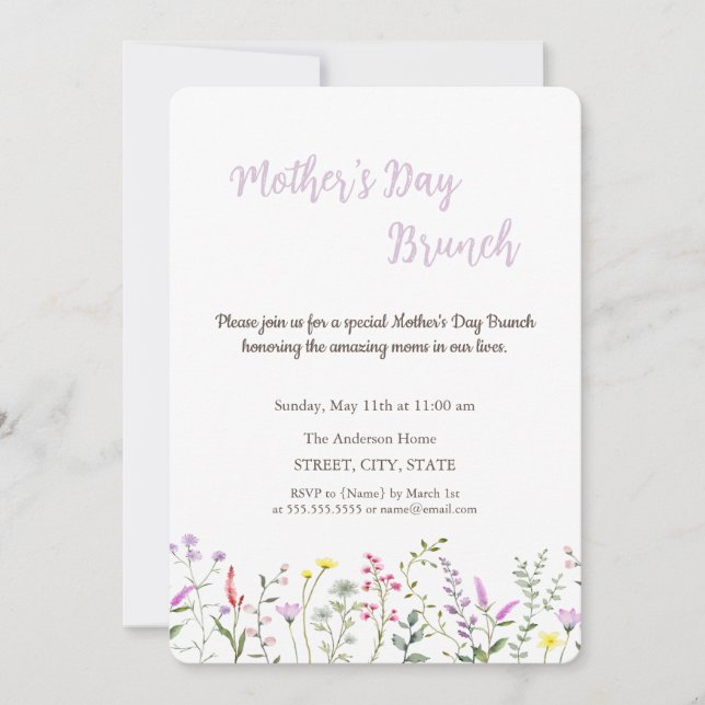 Convite Brunch do Dia das Mães com Flor de Campo em Aquare (Frente)