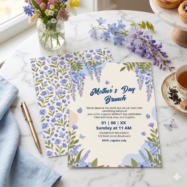 Convite Brunch do Dia das Mães com Flor de Wisteria Elegan (Criador carregado)