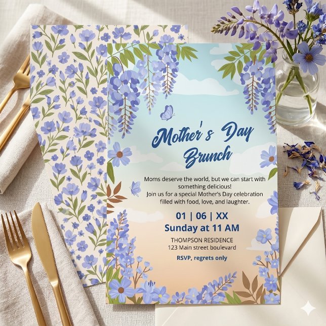 Convite Brunch do Dia das Mães com Flor de Wisteria Elegan (Criador carregado)