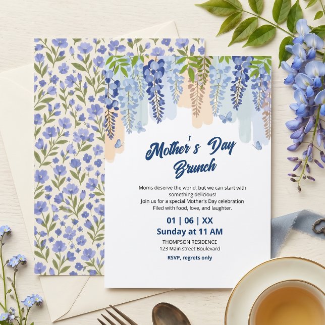 Convite Brunch do Dia das Mães com Flor de Wisteria Elegan (Criador carregado)