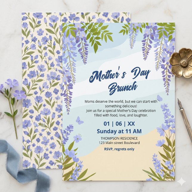 Convite Brunch do Dia das Mães com Flor de Wisteria Elegan (Criador carregado)