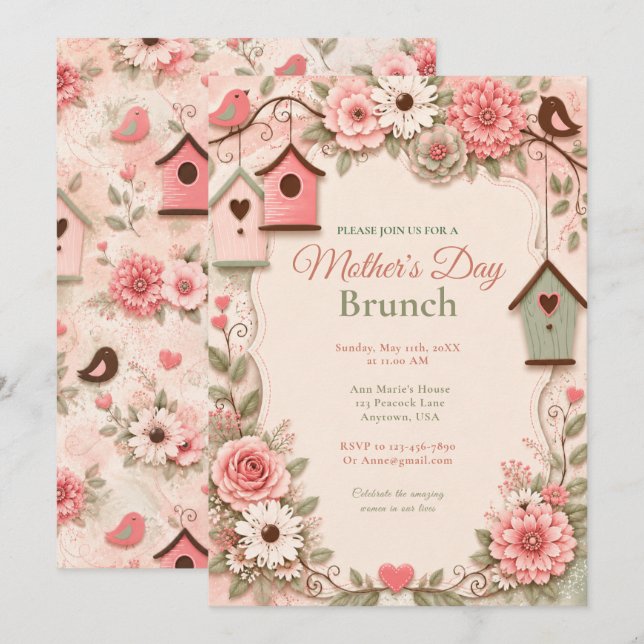 Convite Brunch do Dia das Mães com Florais Rosa (Frente/Verso)