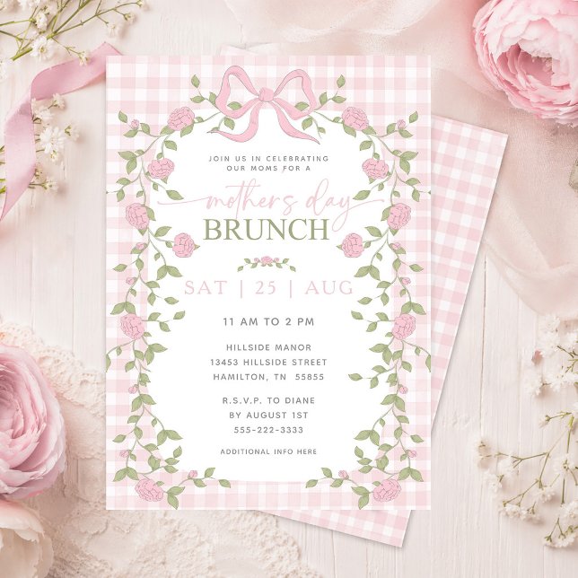 Convite Brunch do Dia das Mães com Flores Rosa e Xadrez Ro (Pink Floral Vines Pink Gingham Mother's Day Brunch Invitation)