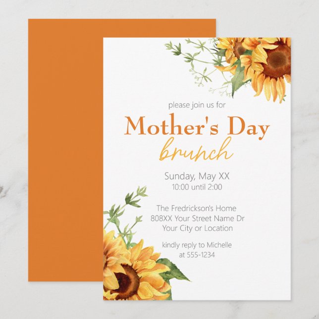 Convite Brunch do Dia das Mães com Girassóis em Aquarela (Frente/Verso)
