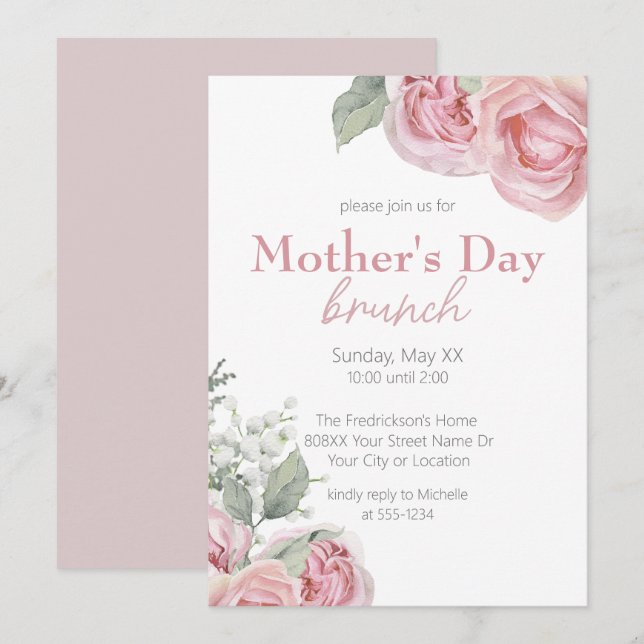 Convite Brunch do Dia das Mães com Rosas Rosas e Respirado (Frente/Verso)