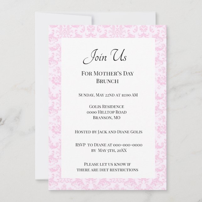 Convite Brunch do Dia das Mães em Rosa Elegante Damask (Frente)
