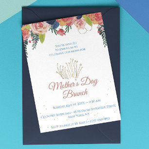 Convite Brunch do Dia das Mães Floral Azul Marinho e Doura
