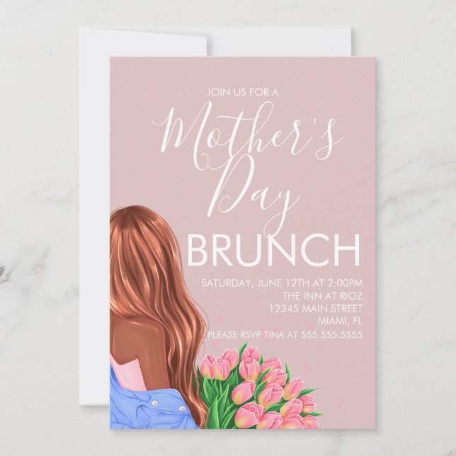 Convite Brunch do Dia das Mães Floral Bege Rosa (Frente)