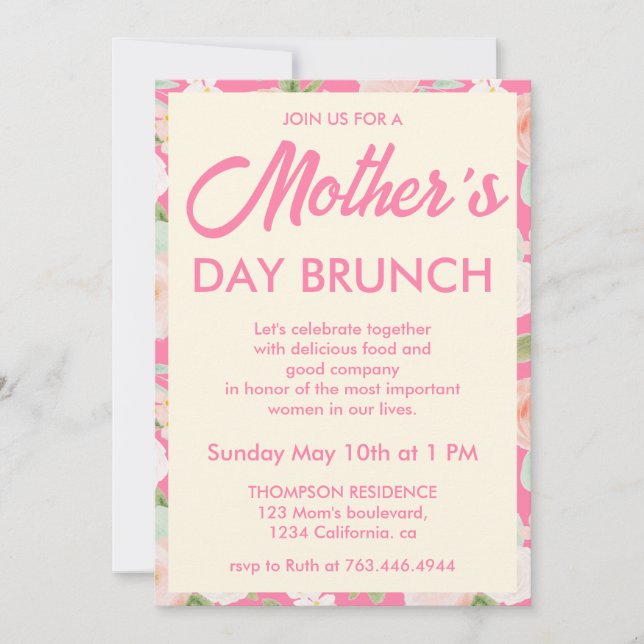 Convite Brunch do Dia das Mães Floral de Marfim Rosa Moder (Frente)