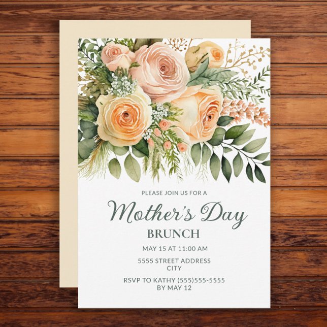 Convite Brunch do Dia das Mães Floral de Pêssego (Peach floral and greenery Mother's Day Brunch invitation)