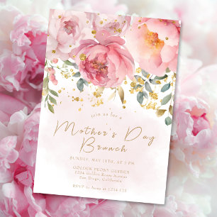 Convite Brunch do Dia das Mães Floral Rosa Bege Dourado