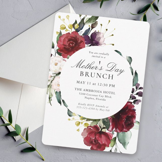 Convite Brunch do Dia das Mães Floral Vermelho e Roxo Eleg (Available in both printed and instant download digital formats.)