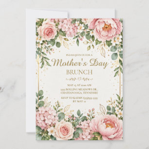 Convite Brunch do Dia das Mães Rosa Floral Dourado