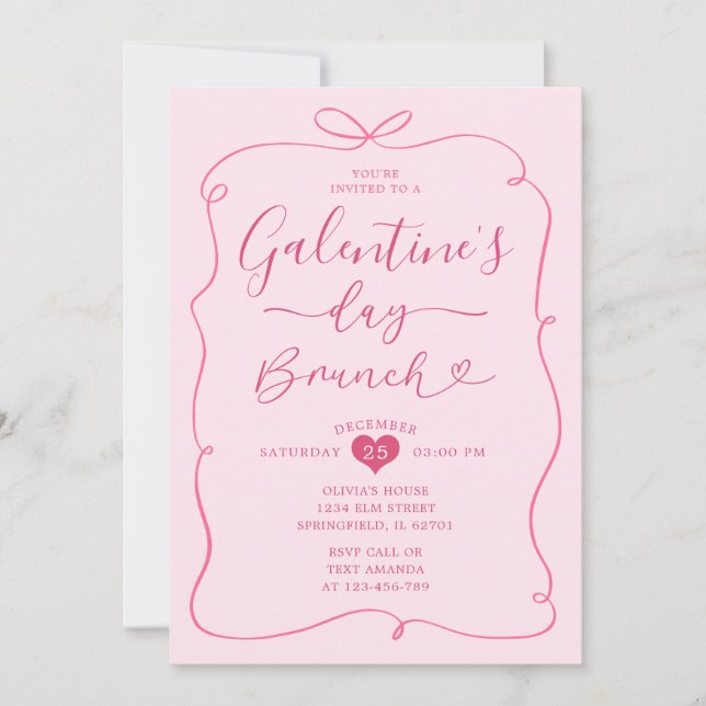 Convite Brunch do dia de Galentine desenhada a rosa (Frente)