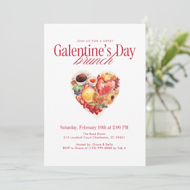 Convite Brunch do Dia de Galentine do Coração Doce (Em pé/Frente)