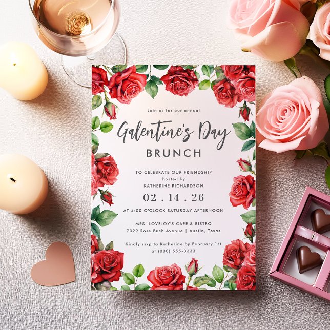 Convite Brunch do Dia Floral Galentine, Rosas vermelhas ro (Criador carregado)