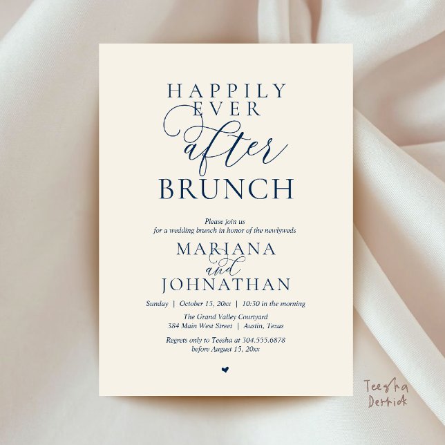 Convite Brunch do Felizes para Sempre, Casamento Moderno e (Happily Ever After Brunch, Modern Elegant Wedding Farewell Invitation card in navy blue and ivory)