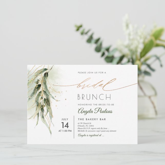 Convite Brunch Dourado Eucalyptus Bridal Verde PixDezines (Em pé/Frente)