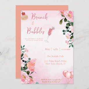 Convite Brunch e bolhas Dia de as mães Brunch Floral Rosa