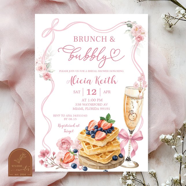 Convite Brunch e Bolhas Florais de Laço Rosa para Noiva (Criador carregado)