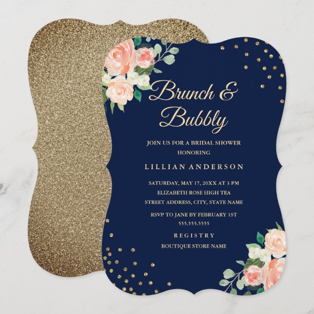 Convite Brunch e Bolhas Navy Gold Floral Confetti (Frente/Verso)