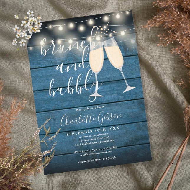 Convite Brunch E Borbulhante Chá de Noiva Azul Madeira Rús (Criador carregado)