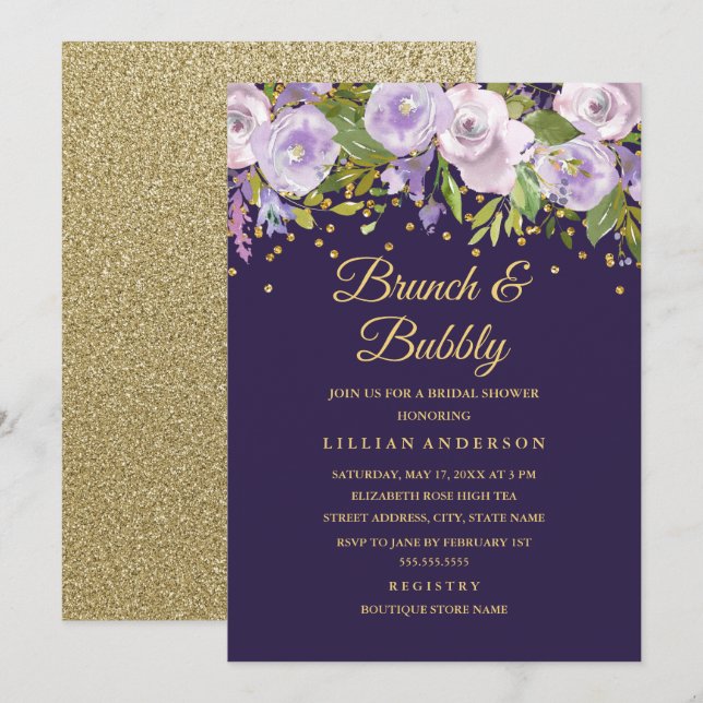 Convite Brunch E Borbulhante Floral Roxo Dourado Brilhante (Frente/Verso)