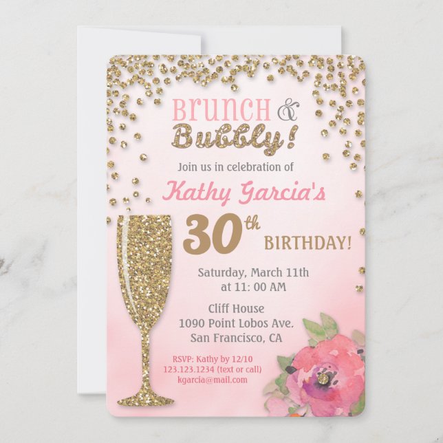 Convite Brunch e Bubble Birthday Glitter Invitation (Frente)