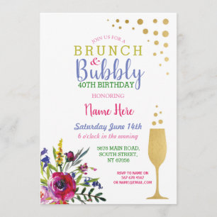 Convite Brunch e Bubble Dourado Birthday Floral