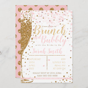 Convite Brunch e Bubble dourado brilhando fundo de polca g