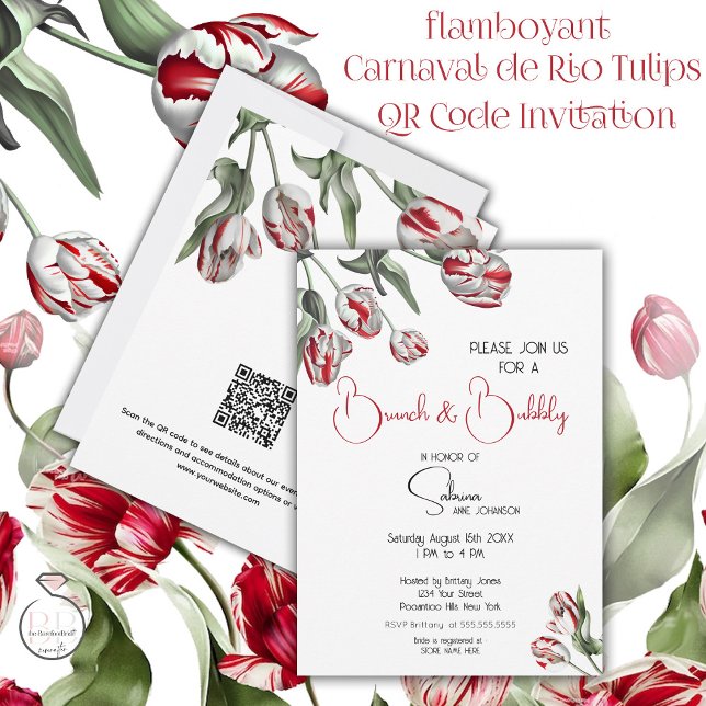 Convite Brunch e Bubble | Tulipas de Rembrandt Vermelho e  (Stunning Red and White Carnaval de Rio Tulips Brunch and Bubbly with QR code for further information)
