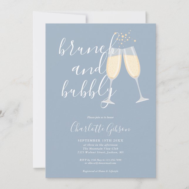 Convite Brunch e Bubbly Código QR Azul Empoeirado Chá de N (Frente)
