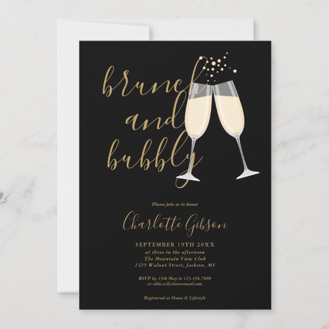 Convite Brunch e Bubbly Código QR Dourado Preto Chá de Noi (Frente)