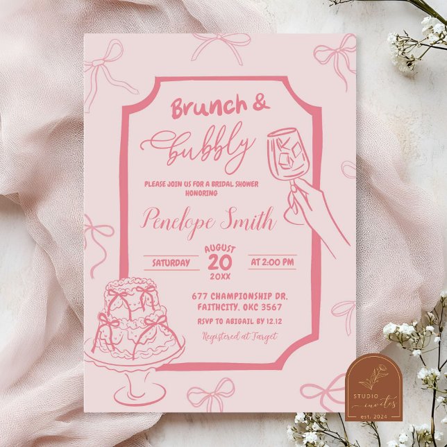 Convite Brunch e Bubbly Coquete Rosa Desenhado à Mão (Criador carregado)