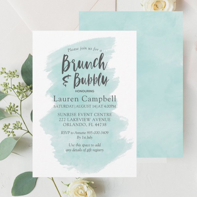 Convite Brunch e Bubbly Modernos em Aquarela Azul Turquesa (Criador carregado)