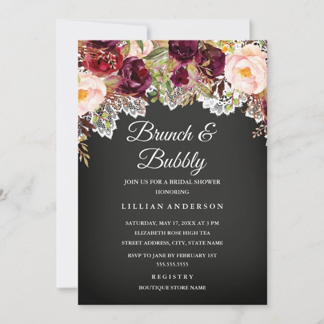 Convite Brunch E Bubbly Quadro-negro Floral Chá de Noiva (Frente)