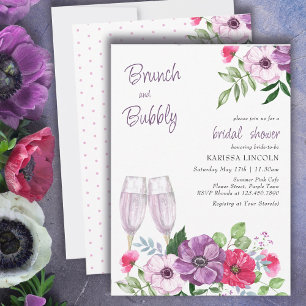 Convite Brunch e Bubbly Rosa Roxo Floral Chá de Noiva