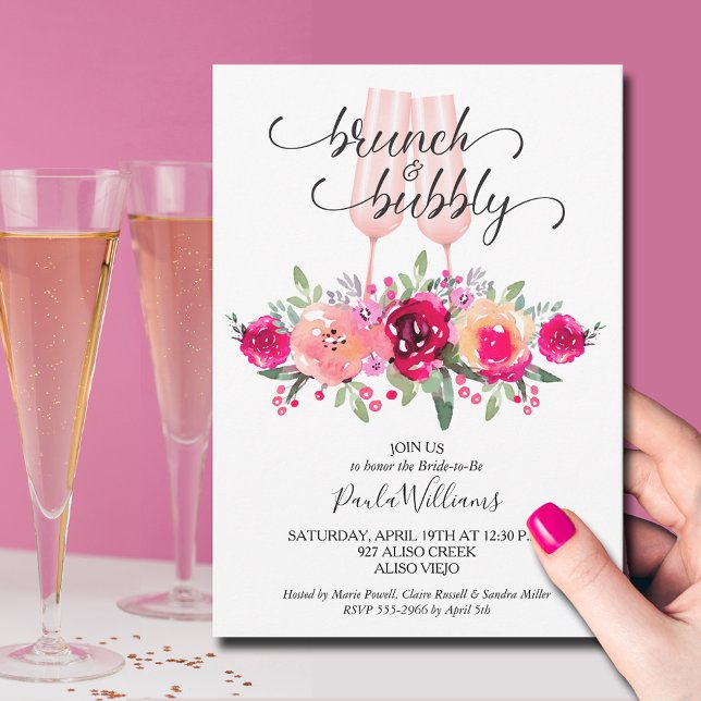 Convite Brunch e Bubby Floral Chá de panela (Brunch and Bubbly champagne flutes and floral bridal shower invitations)
