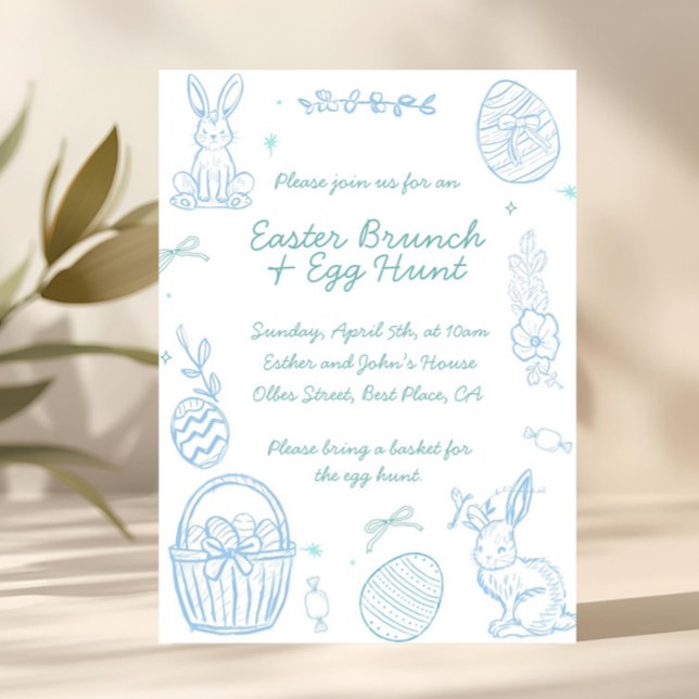 Convite Brunch e Caça aos Ovos de Páscoa Caprichoso Desenh (hand drawn easter, minimalist easter invitation, kids easter party, family easter brunch, spring par)