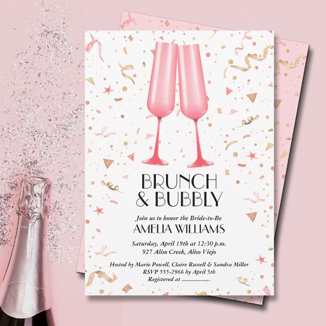 Convite Brunch e Chá de panela rosa-bolha (Brunch and Bubbly pink champagne bridal shower invitations)
