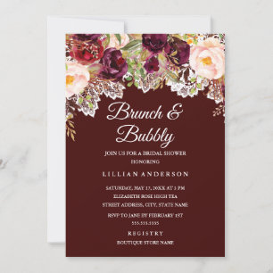 Convite Brunch E Champagne Burgundy Floral Chá de Noiva