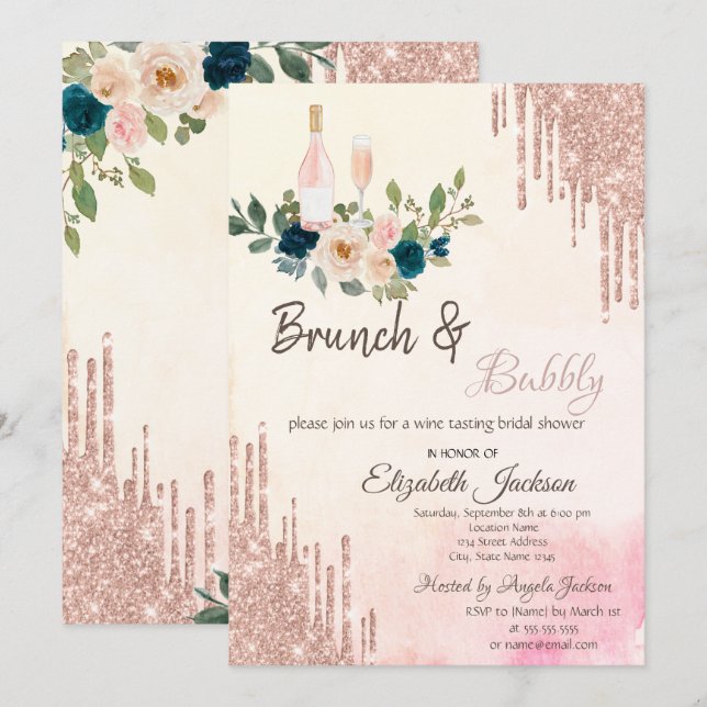 Convite Brunch e Espumante Bridal Shower com Gotejamento d (Frente/Verso)