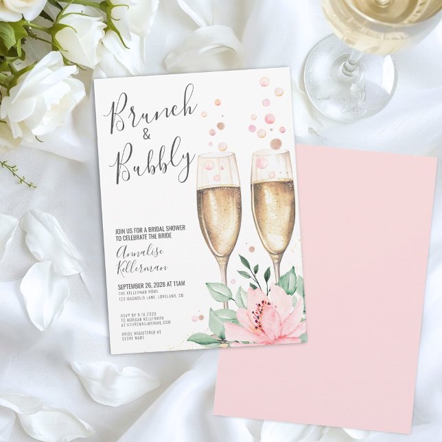 Convite Brunch E Espumante Rosa Floral Chá de Bebê de Noiv (Brunch And Bubbly Blush Pink Floral Bridal Shower Invitation)