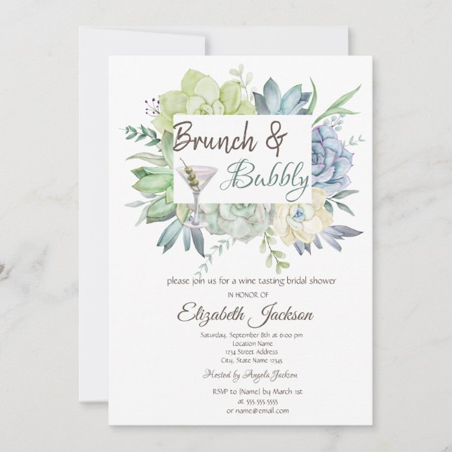 Convite Brunch e Espumante Watercolor Cactus Martini (Frente)