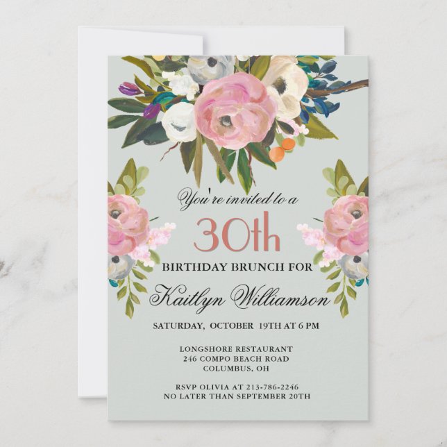 Convite Brunch Elegant Handpainted Floral 30th Birthday  (Frente)