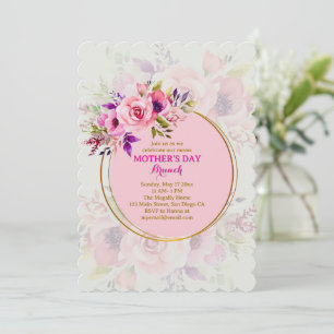 Convite Brunch Elegante de Dia das Mães com Floral Rosa em