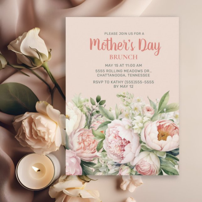 Convite Brunch Elegante de Dia das Mães com Flores Rosa (Elegant pink floral/peonies Mother's Day Brunch invitation)
